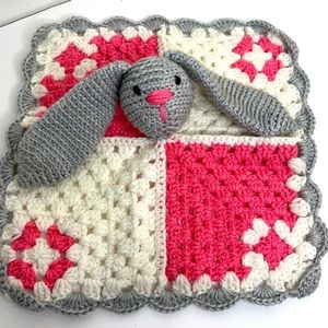 Crochet Bunny Head Floppy Ear Baby Blanket Easter Pink/ Gray Newborn Toddler